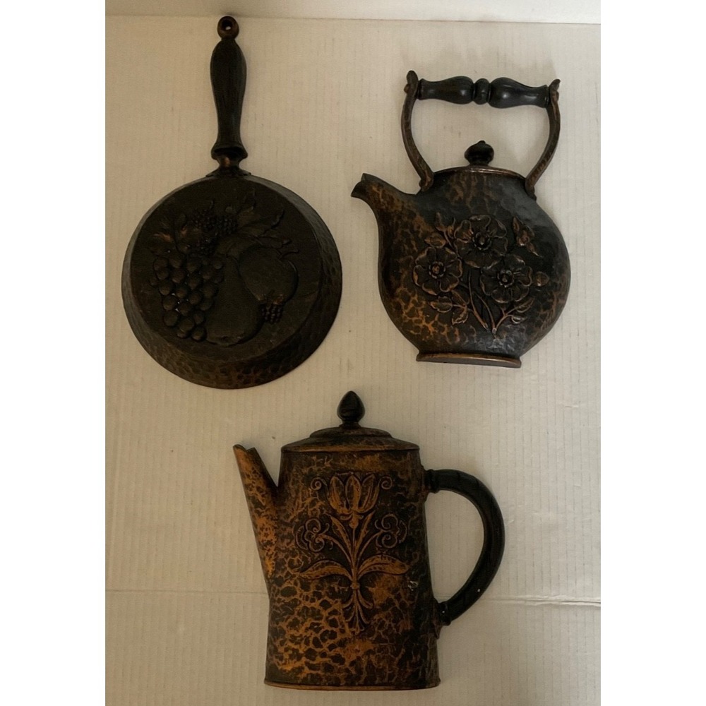 Homco wall Decor plastic MCM 3 piece black with antique bronze tea coffee pan